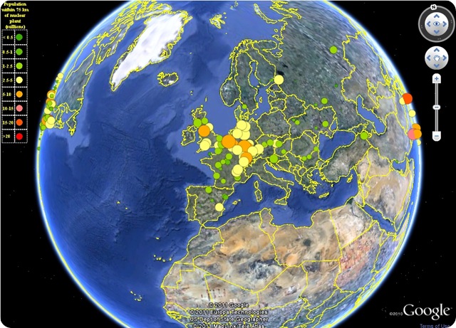 Google Earth présente les populations à risque à proximité des centrales nucléaires.