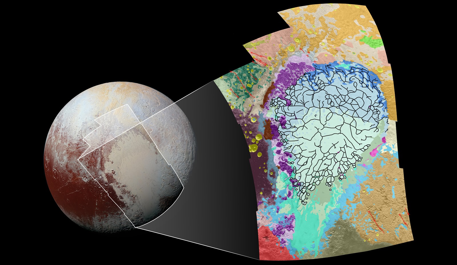 La géologie de Pluton sur une carte