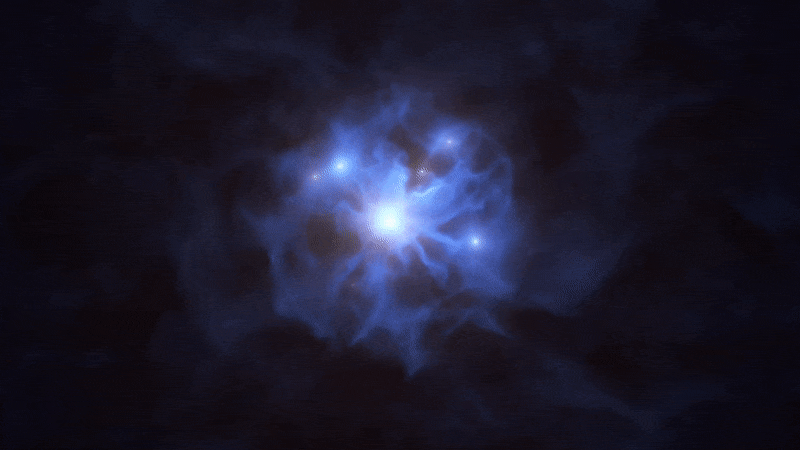 Six galaxies retenues par la "toile cosmique" d’un trou noir supermassif du début des temps